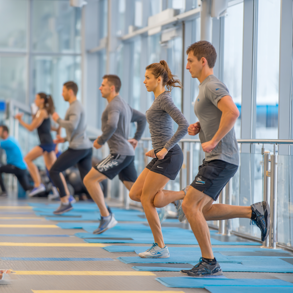 Middle-aged Ukrainian professionals demonstrating functional wave training movements in a modern gym environment, emphasizing natural body movements